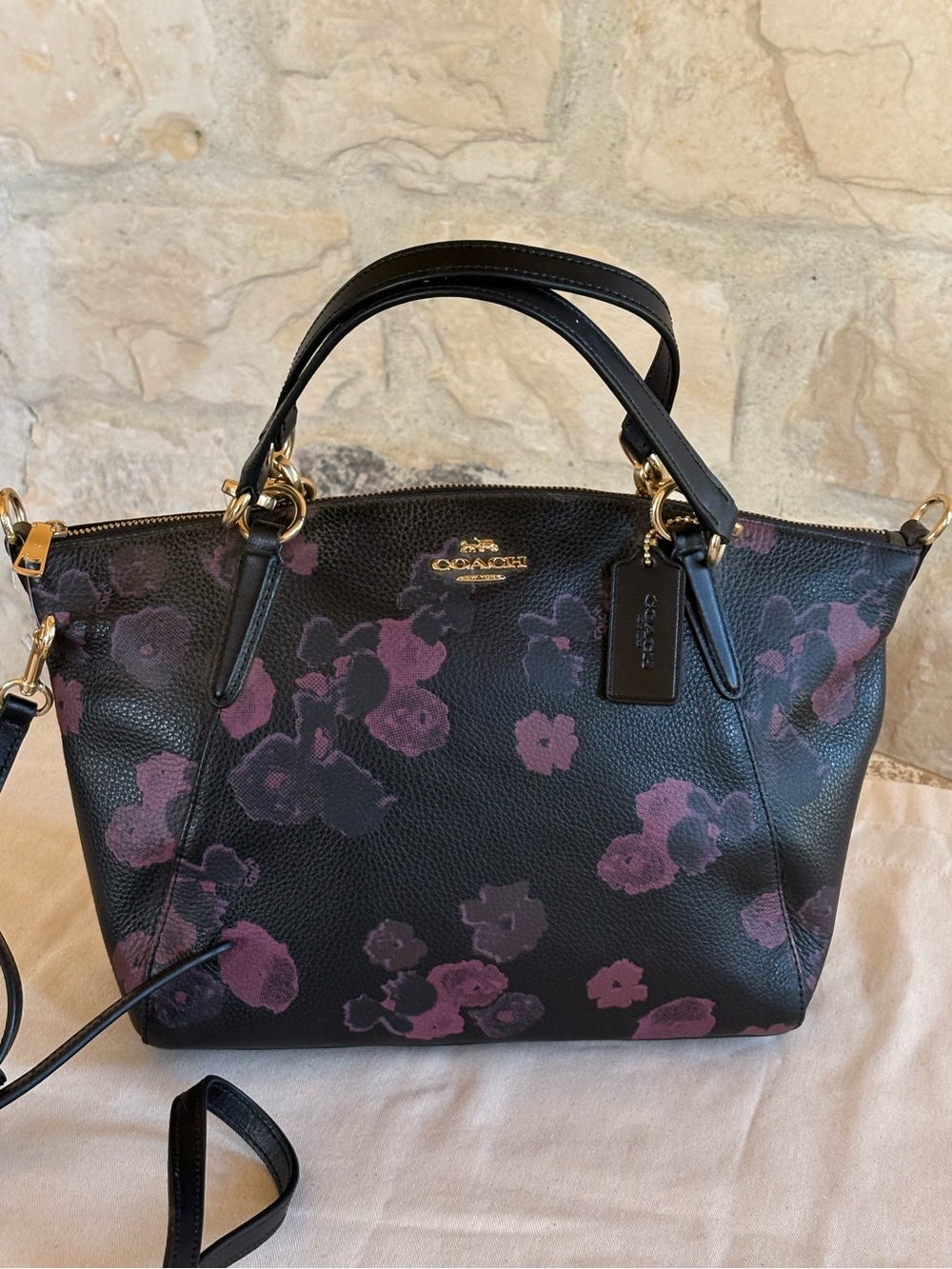 Coach Black Satchel with Purple Floral Print